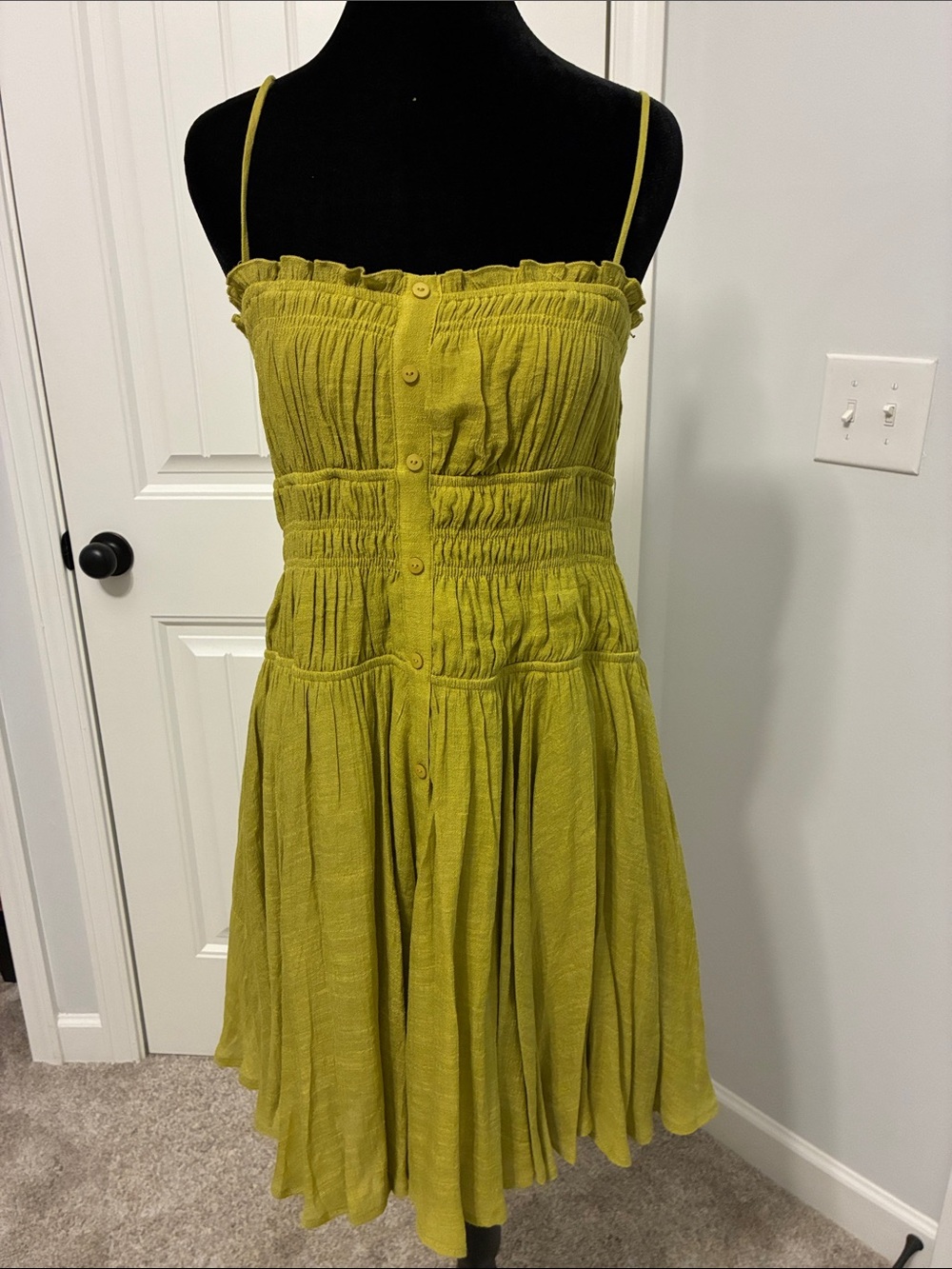 Lucy Paris Olive Green Smocked Mini Dress with Button Front